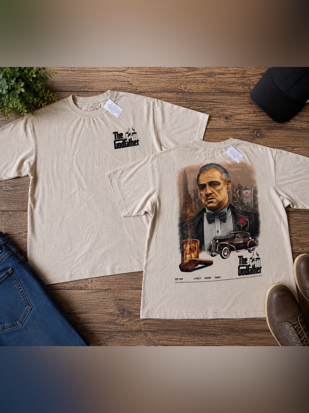 The Godfather Graphic T-Shirt Men’s Medium Beige Front & Back Print NWT